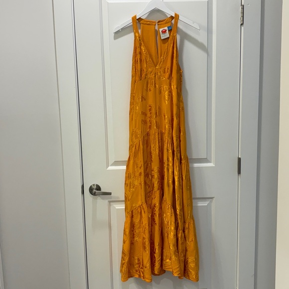 Farm Rio x Anthropologie Orange/Gold V-Neck Tiered Maxi Dress, Size S - Picture 10 of 14